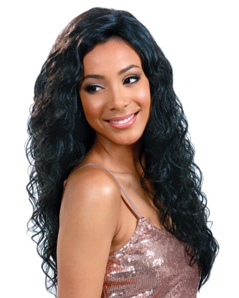 Long wavy African American Human Hair Blend Wigs