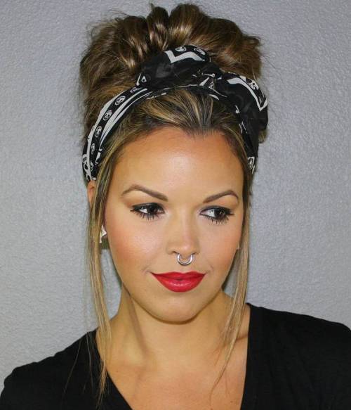 messy up-do with a headscarf